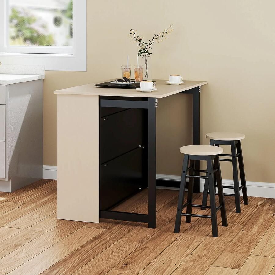 Pugsdrly 3-delige barset bartafel met opklapbaar tafelblad 2 barkrukken 6 opbergvakken zwart + eiken 116 x 70 x 89 5 cm