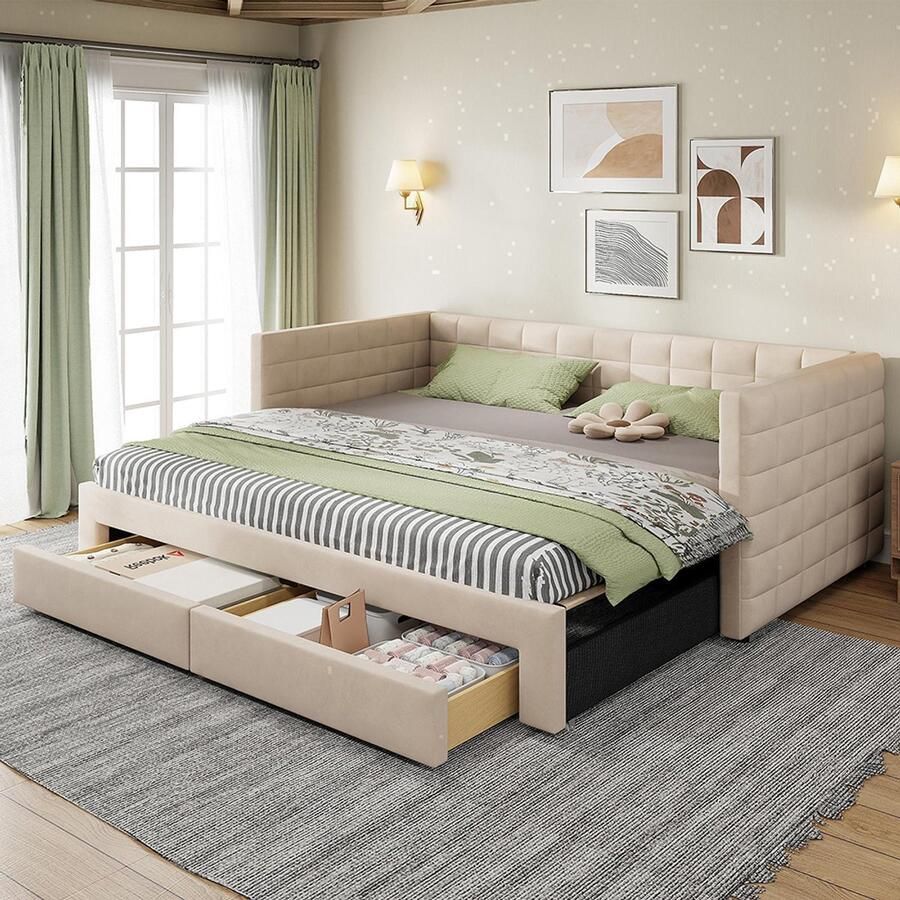 Pugsdrly 3-in-1 gestoffeerd bed Uitschuifbare slaapbank 90 x 190 cm multifunctioneel bed met lades om te vormen tot eenpersoons- tweepersoonsbed met lattenbodem katoen en linnen beige (matras niet inbegrepen)