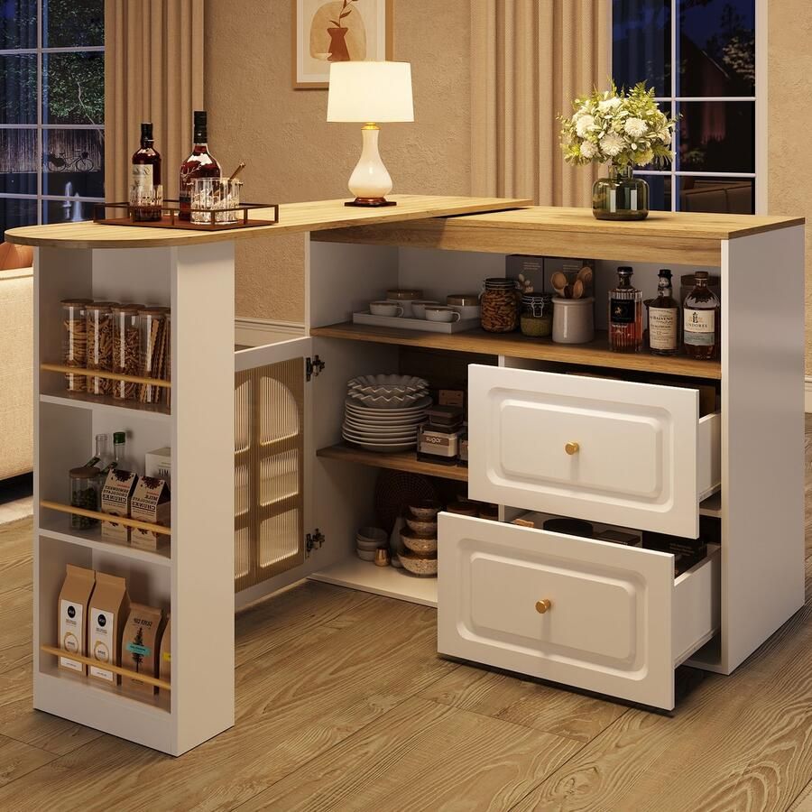 Pugsdrly 360° draaibaar dressoir eenvoudig en modern geschikt voor de slaapkamer woonkamer eetkamer 2 lades snackplank open opbergvak draaibaar dressoir met planken en gebold glas wit