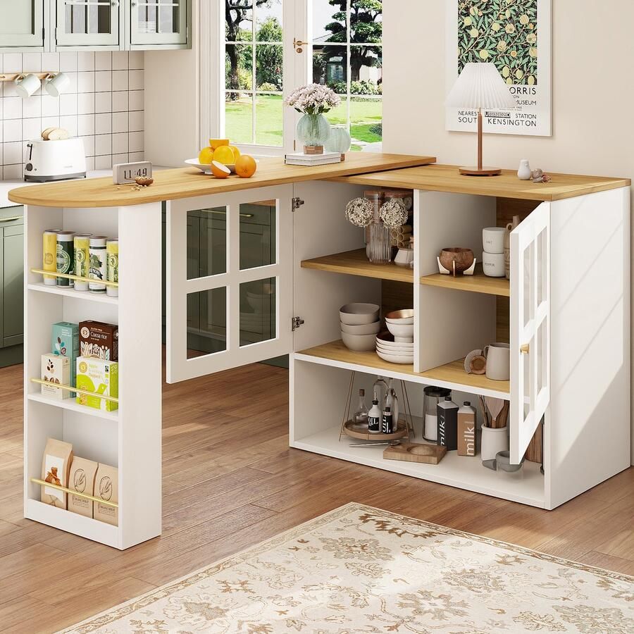 Pugsdrly 360° draaibaar dressoir eenvoudig en modern multifunctioneel geschikt voor slaapkamer woonkamer eetkamer met snackplank 5 opbergvlakken draaibaar dressoir met planken en glas wit