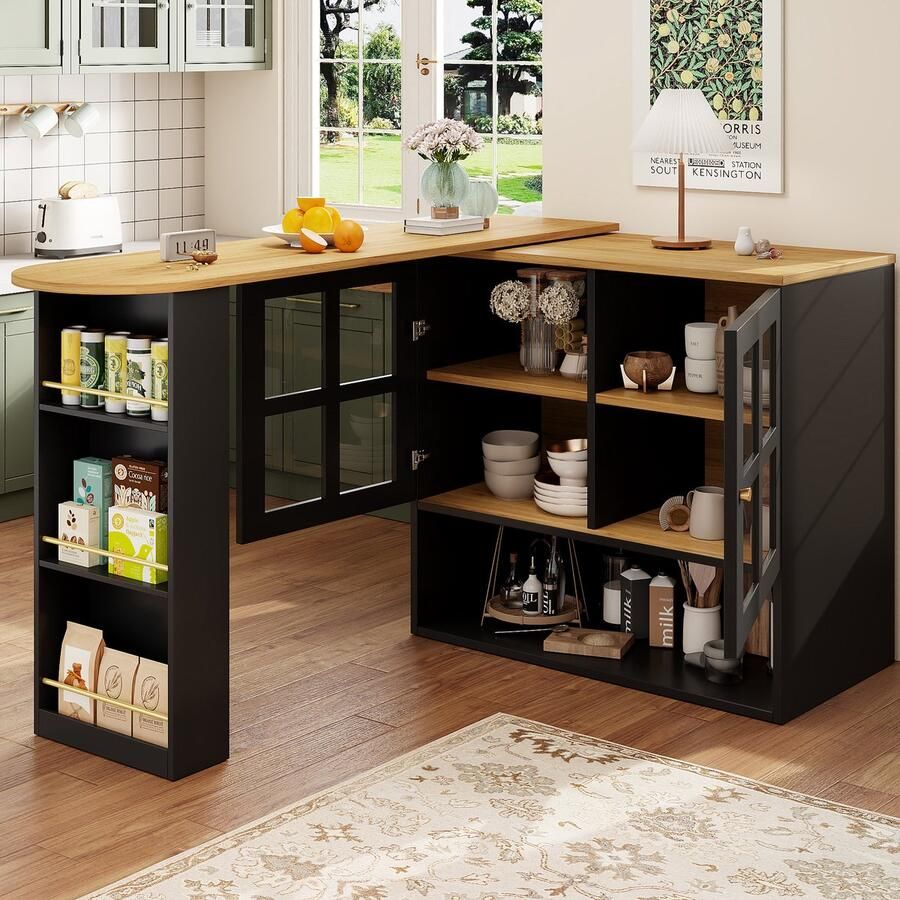 Pugsdrly 360° draaibaar dressoir eenvoudig en modern multifunctioneel geschikt voor slaapkamer woonkamer eetkamer met snackplank 5 opbergvlakken draaibaar dressoir met planken en glas zwart