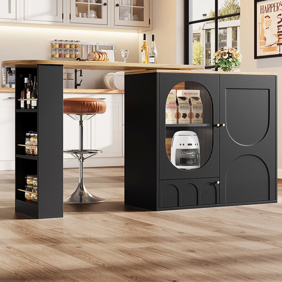 Pugsdrly 360° draaibare bartafel hoge tafel (frame 138 x 39 x 102 cm) barmeubel draaibare toog met opbergruimte keukeneiland drie deuren met legplanken verwijderbare scheidingswanden wit zwart