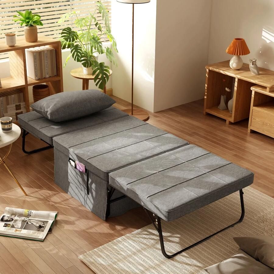 Pugsdrly 4-in-1 opklapbed logeerbed in hoogte verstelbaar matras zijvakken metalen frame grijs 188 x 75 x 38 cm