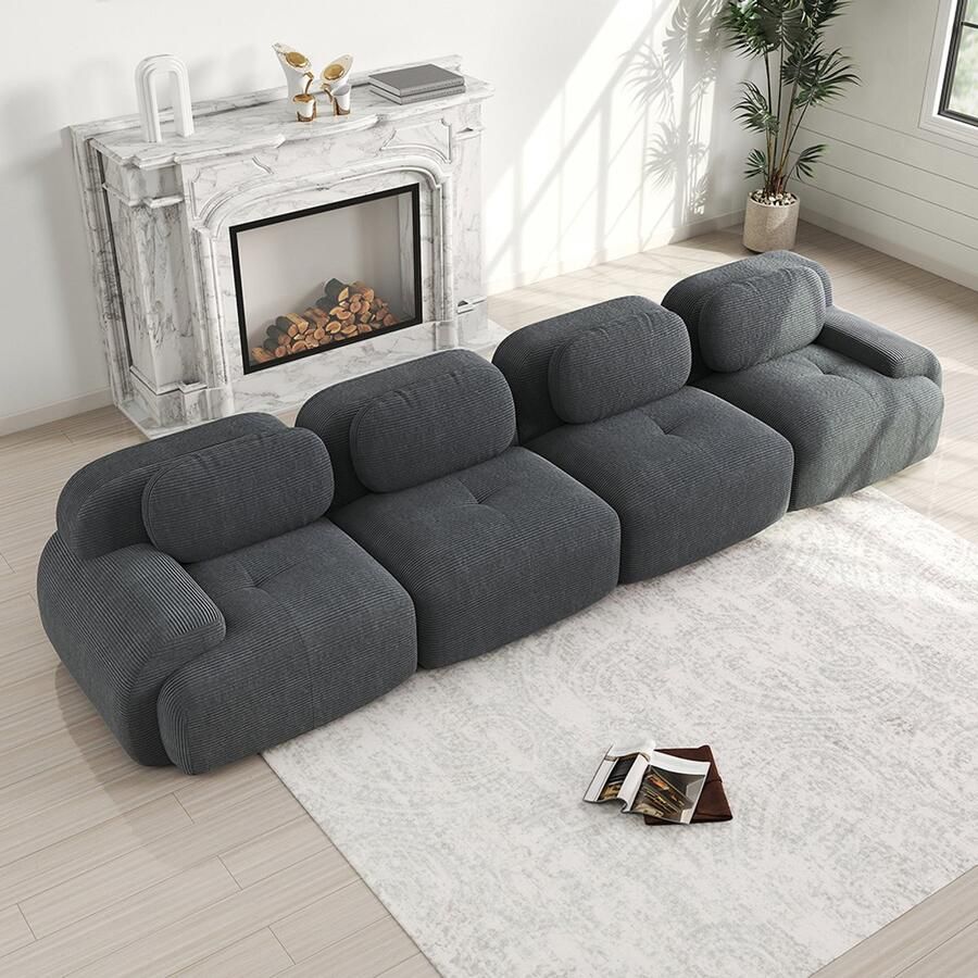 Pugsdrly 4-zitsbank van zacht corduroy hoogelastische 32D-vulling huisdiervriendelijk en ergonomisch vacuüm verpakt vrij te combineren zonder montage voor slaapkamer en kantoor grijs