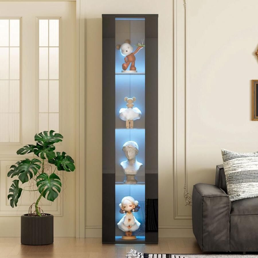 Pugsdrly 40 x 29 x 170 cm multifunctionele vitrine glazen wand kleurveranderende LED-verlichting afstandsbediening toepassingsinstellingen acrylpaneel eenvoudig ontwerp zwart