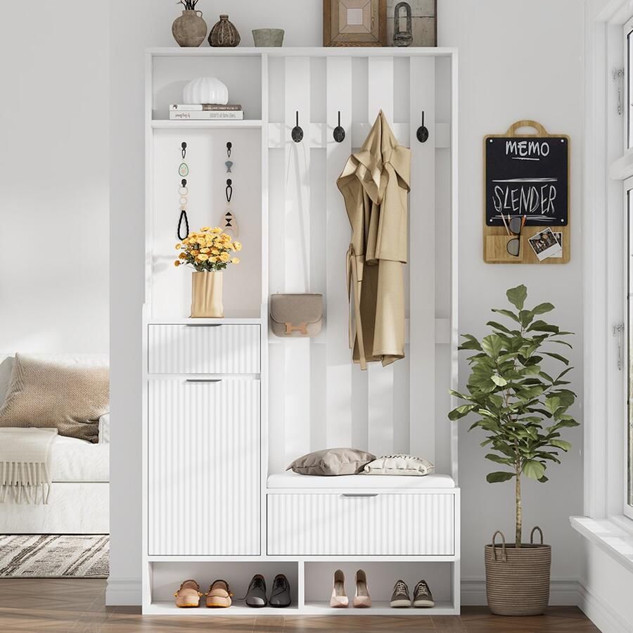 Pugsdrly 100*30*180 cm 6-in-1 kapstok met 8 haken schoenenbank en planken kantelbeveiliging compacte garderobe met lades en kasten 100 cm breed schoenenkast wit