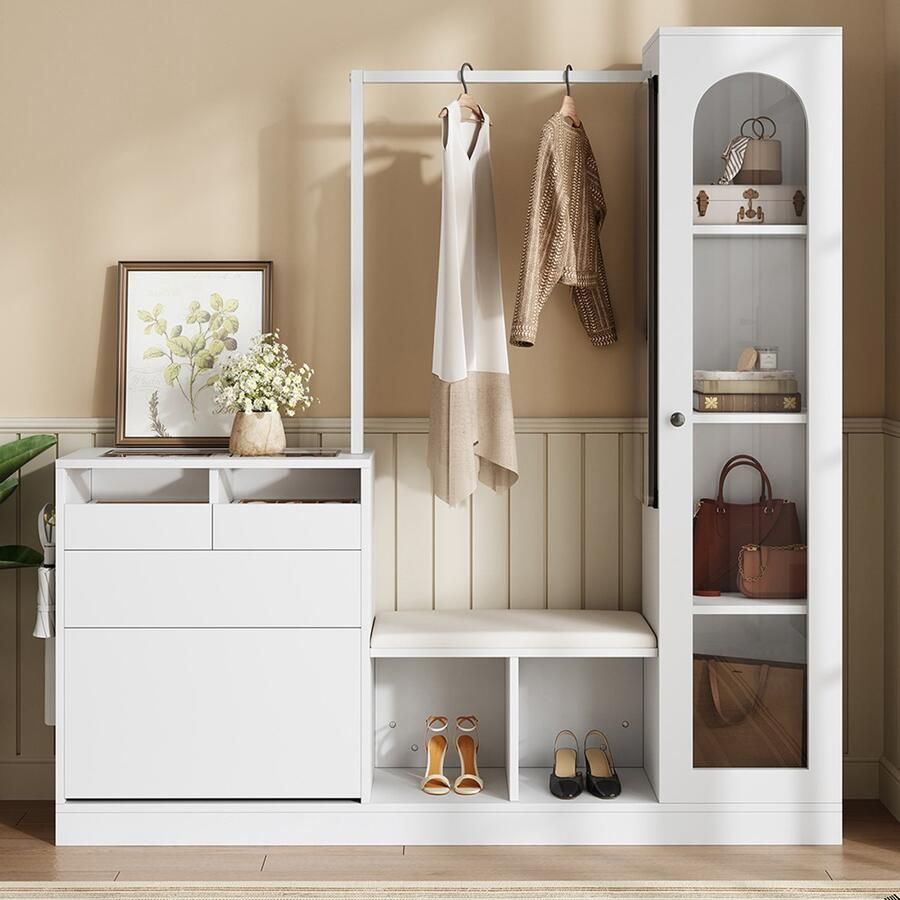 Pugsdrly 6-in-1 halmeubel garderobeset kaptafel met kledingstang schoenenbank en opklapbare schoenenkast vitrinekast van glas met kleurveranderende ledverlichting