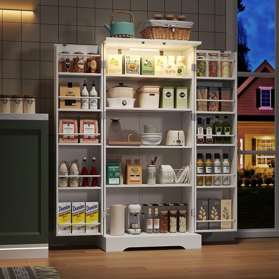 Pugsdrly 60 × 35 × 128 cm wit multifunctionele keukenkast met LED-verlichting met sensor in hoogte verstelbare planken dubbele deur met opbergvak kantelbeveiliging geschikt voor keuken woonkamer en eetkamer