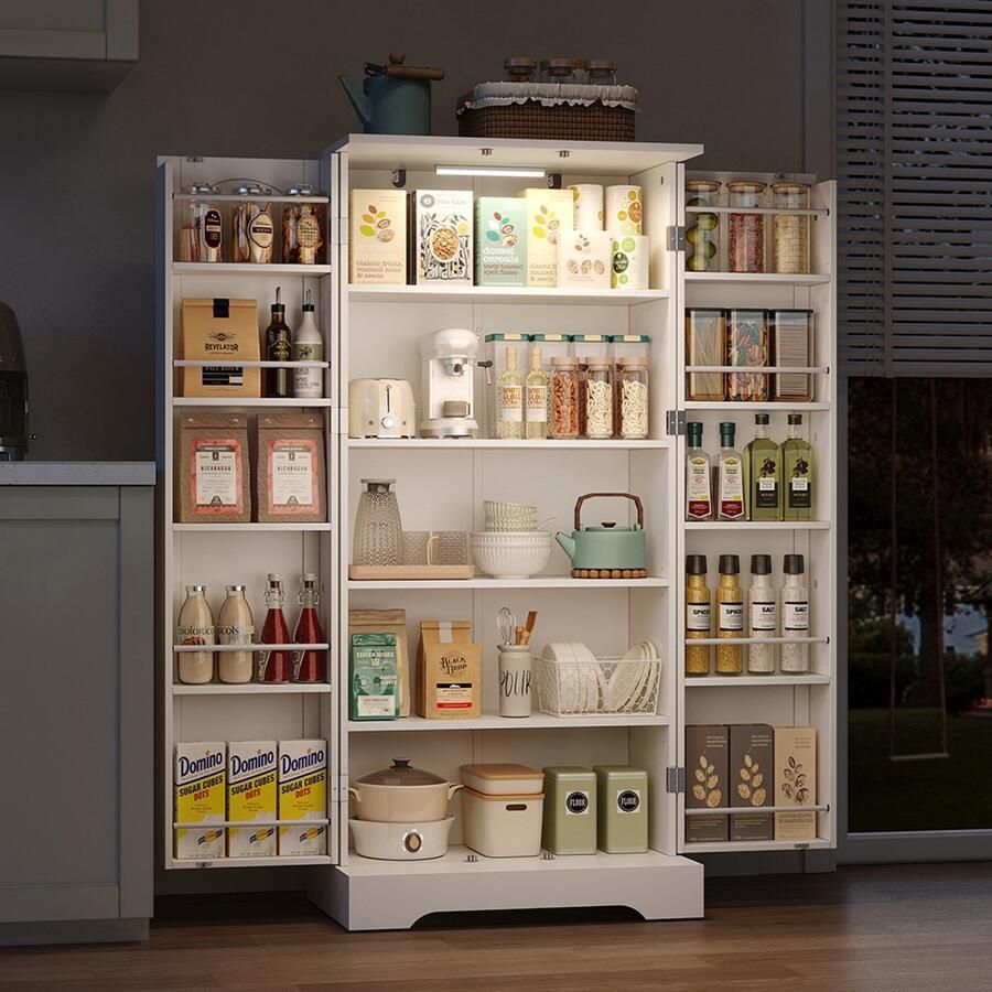 Pugsdrly 60 × 35 × 128 cm wit multifunctionele keukenkast met LED-verlichting met sensor in hoogte verstelbare planken dubbele deur met opbergvak kantelbeveiliging geschikt voor keuken woonkamer en eetkamer