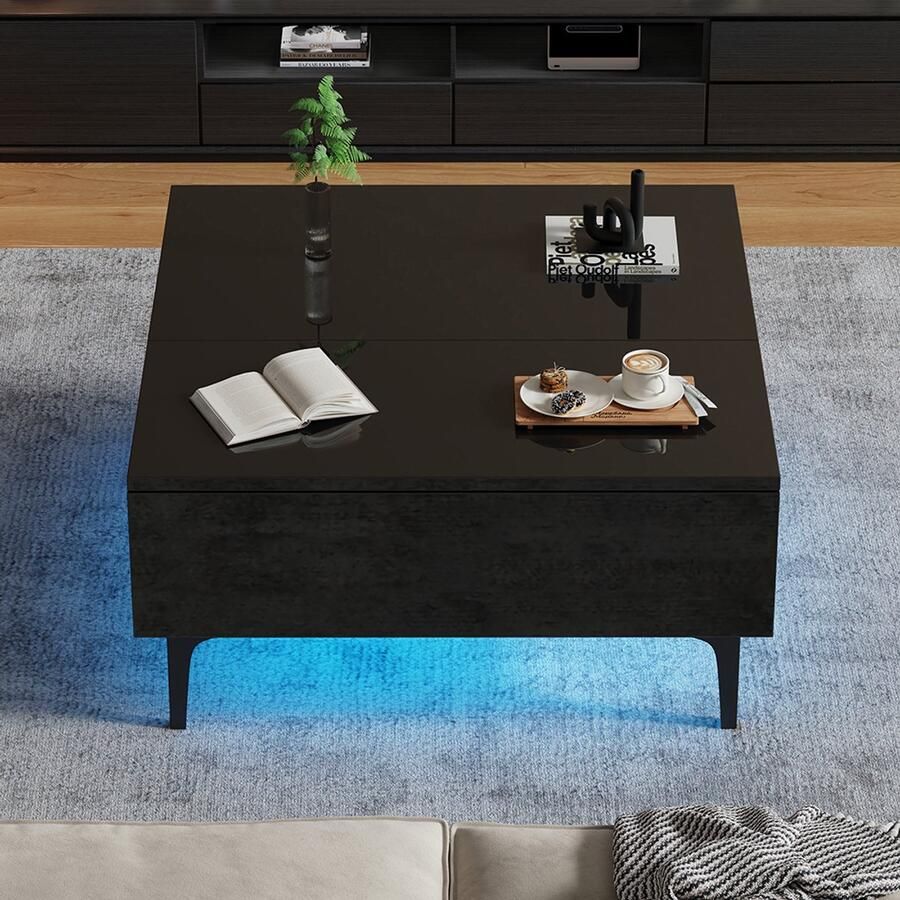 Pugsdrly 70*70*35cm Salontafel in hoogte verstelbare salontafel met verborgen opbergruimte en planken glanzend zwarte salontafel LED bureau salontafel met laden