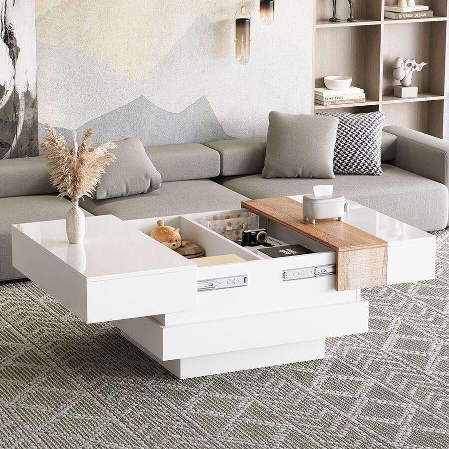 Pugsdrly 70*70*39 cm glanzend met uitschuifbaar blad bijzettafel vierkante salontafel met verborgen opbergruimte en scheidingswanden wit + primaire kleur