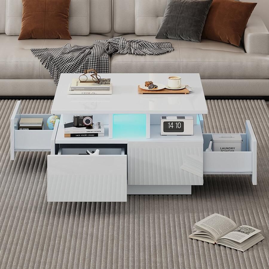 Pugsdrly 70*70*40 cm salontafel glanzende salontafel met ledverlichting salontafel met 4 lades bijzettafel met geometrisch design wit totaal draagvermogen 30 kg