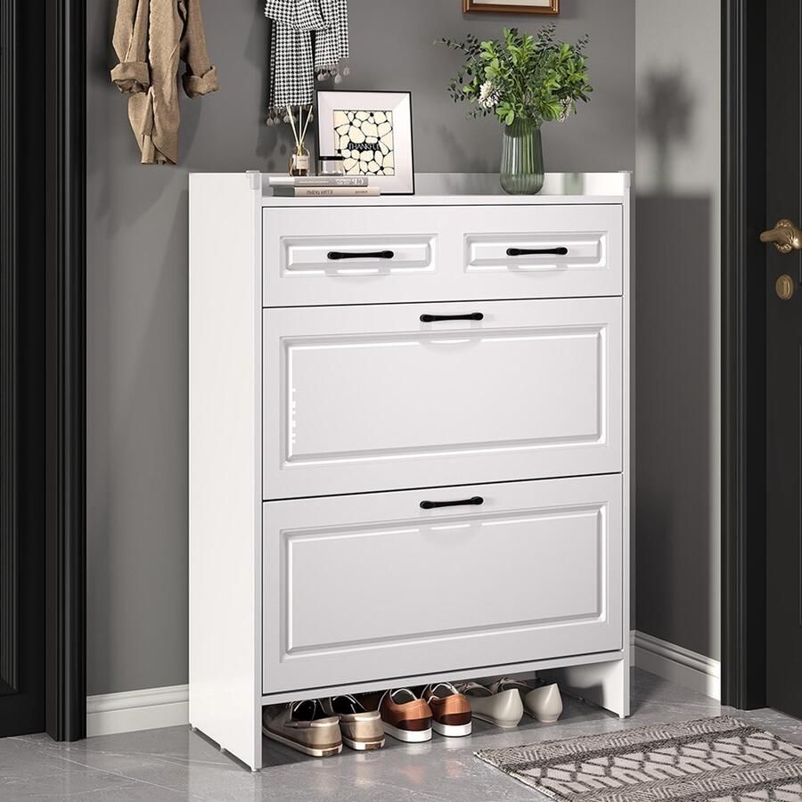 Pugsdrly 80*34*107 5 cm Schoenenkast Schoenenrek met 4 vakken en 1 lade Startpagina Meubels Kasten Schoenenkasten Hoge schoenenkasten Kan worden geplaatst in gangen entrees woonkamers en kantoren MDF wit