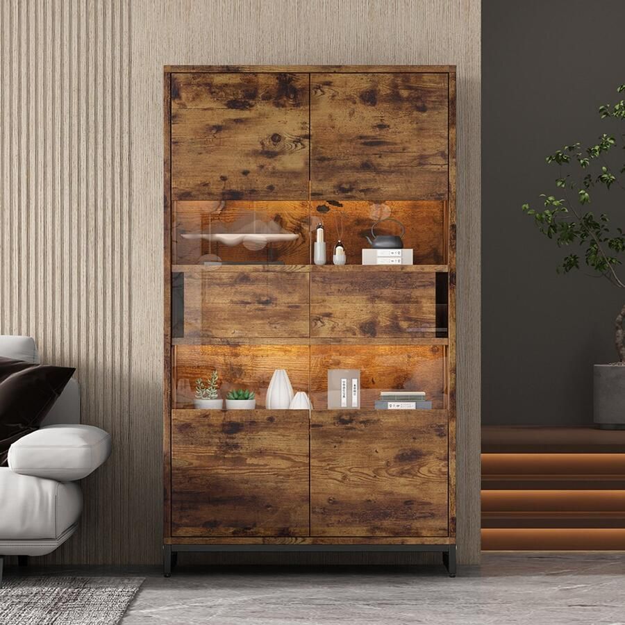 Pugsdrly 80*40*138 cm Vitrinekast met ledverlichting vitrinekast op pootjes vitrinekasten met 2 laden opbergvitrine met acryl afdekking hoog dressoir wijnkasten boekenkasten met veel opbergruimte zwart + houtnerf