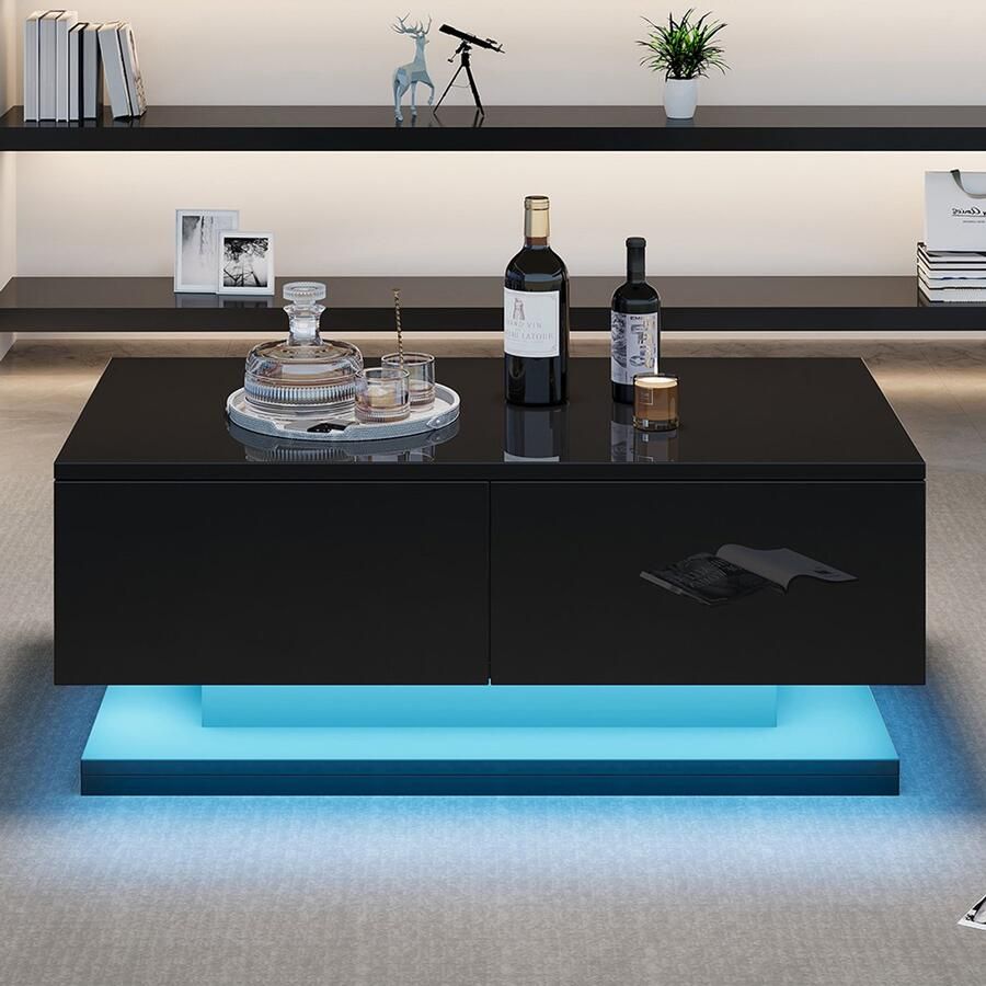 Pugsdrly 90*50*38 cm glanzend zwarte salontafel met 2 lades voorzien van een sfeervolle salontafel met LED-verlichting bedienbaar via een mobiele app