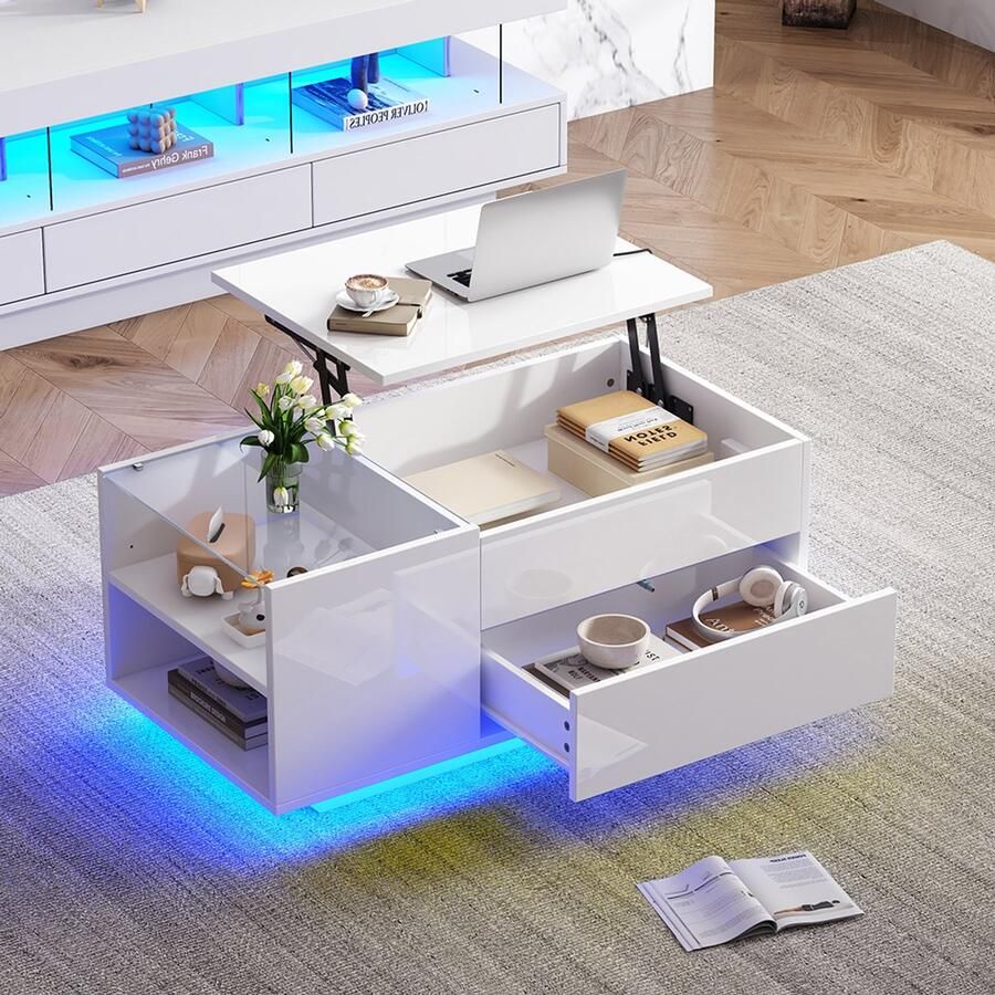 Pugsdrly 95*48*42 cm Salontafel In hoogte verstelbare salontafel met verborgen opbergruimte bijzettafel met LED-verlichting salontafel met lade tafel salontafel met stopcontact wit