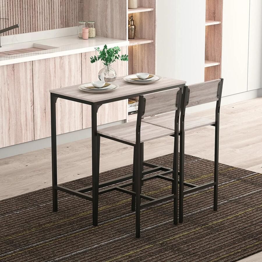 Pugsdrly Bartafelset Bartaamtafel met barkrukkenset Eettafel met 2 stoelen met rugleuning Keukentafel voor eetkamer keuken naturel+zwart