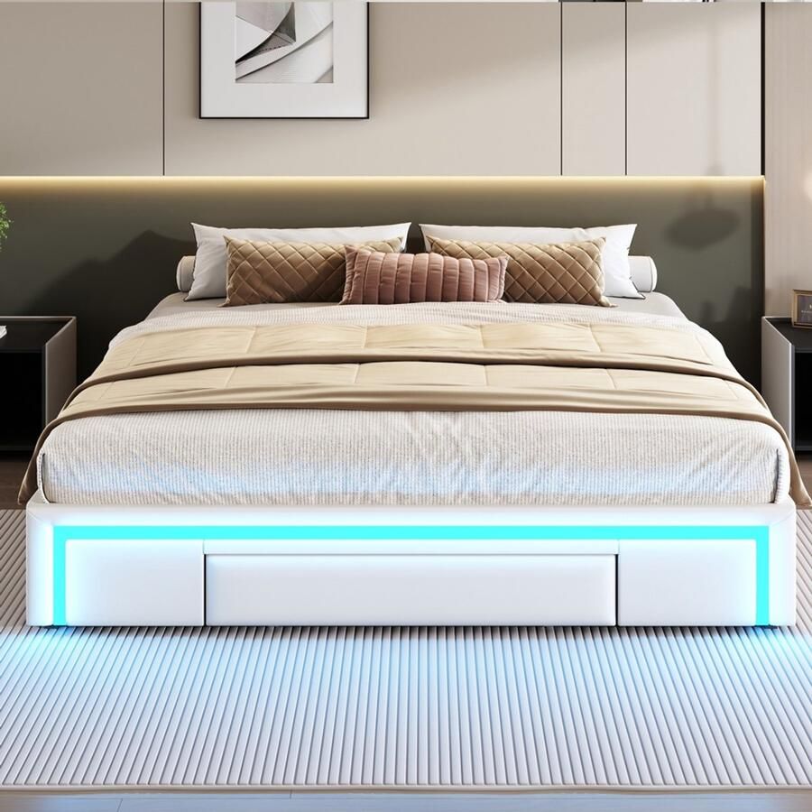 Pugsdrly Bedbodem 180X200 met lades PU-lederen bed zonder hoofdeinde met LED-lichtstrip platformbed met metalen lattenbodem voor moderne slaapkamers beige