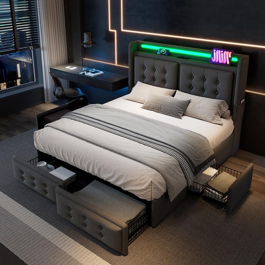 Pugsdrly Beddengoed 180x200 tweepersoonsbed met led-hoofdeinde en USB C-oplaadfunctie en 4 lades opbergbedden met lattenbodem van hout en metalen frame draagvermogen 300 kg grijs katoen (zonder matras)