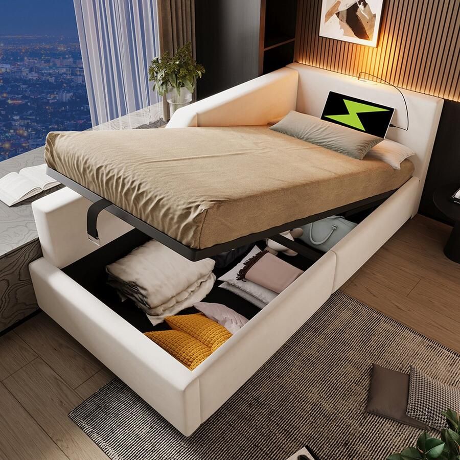 Pugsdrly Beddengoed dagbed Daybett 90x200cm slaapbank met hydraulische opbergruimte leeslampje en USB-C-oplaadfunctie kinderbed jeugdbed bedframe met lattenbodem van hout fluweel beige