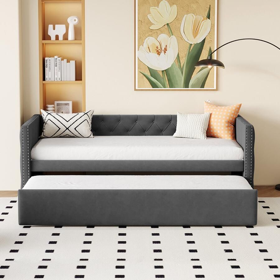 Pugsdrly Beddengoed Uitschuifbare slaapbank 90*200 cm klassieke vorm met knopen met lattenbodem multifunctioneel bed-logeerbed huidvriendelijke fluweelstof grijs (matras niet inbegrepen)