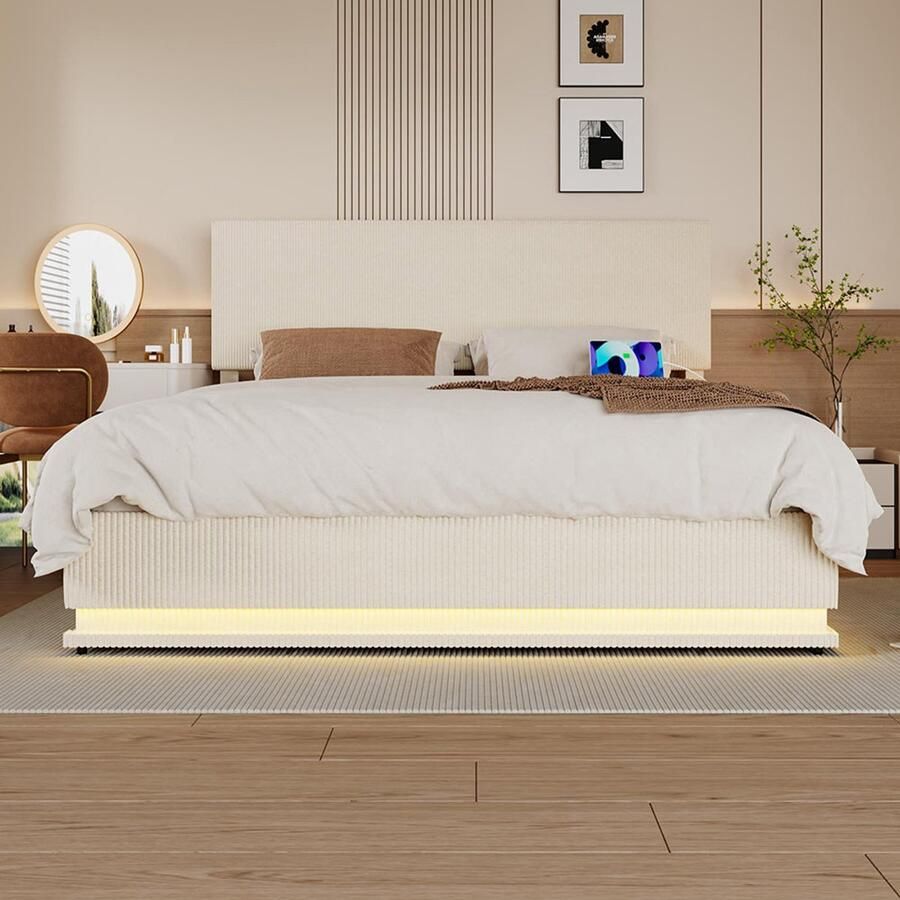 Pugsdrly Bedframe 140x200 cm tweepersoonsbed met opbergruimte en plat frame LED-bedframe met USB-oplaadfunctie uitschuifbaar bed Onderstel voor uitschuifbaar bed bedframe van fluweel (beige 140x200 cm)