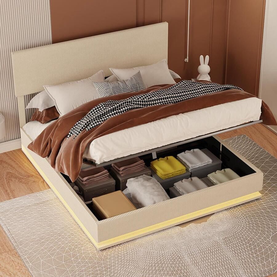 Pugsdrly Bedframe 160 x 200 cm tweepersoonsbed met opbergruimte en plat frame voor noedels LED-bedframe met USB-oplaadfunctie uitschuifbedfunctie bedframe van fluweel (beige 160 x 200 cm)