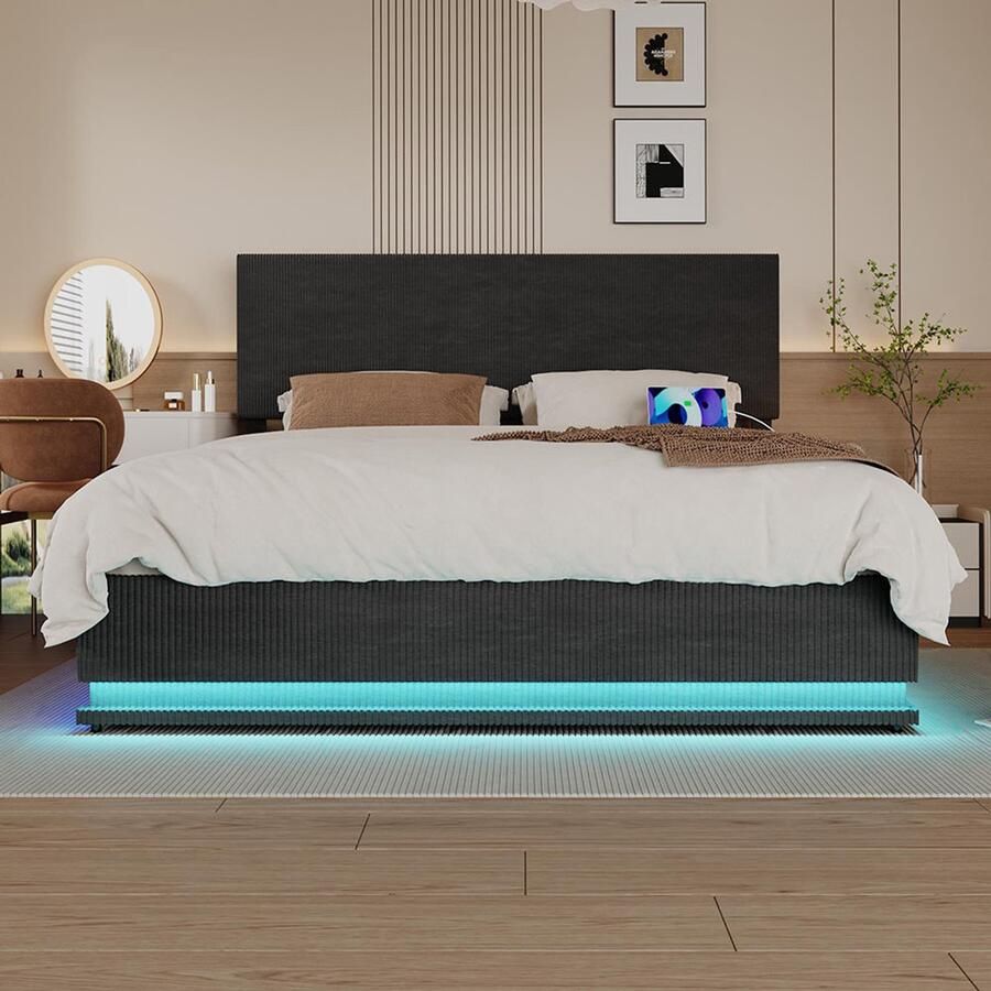 Pugsdrly Bedframe 140 x 200 cm tweepersoonsbed met opbergruimte en plat frame voor kussens LED-bedframe met USB-oplaadfunctie uitschuifbaar bed fluwelen bedframe (donkergrijs 140 x 200 cm)