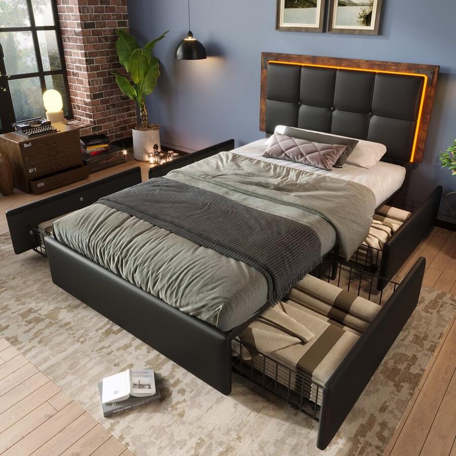 Pugsdrly Bedframe met led-verlichtingsstrip en 4 lades eenpersoonsbed gestoffeerd bed 90x200cm in hoogte verstelbaar hoofdeinde functioneel bed PU zwart (zonder matras)