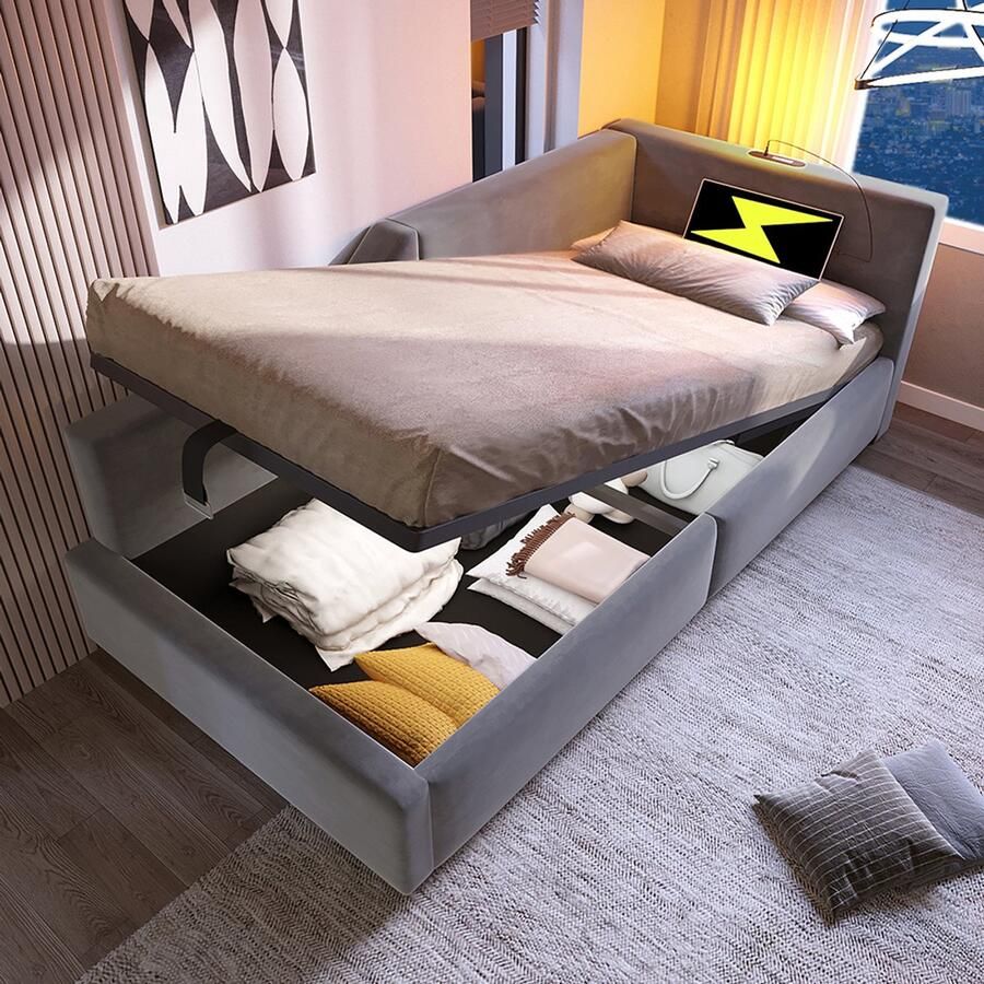 Pugsdrly Bekleed bed Dagbed 90x200 cm slaapbank met hydraulische opbergruimte leeslampje en USB-C-oplaadfunctie kinderbed jeugdbed bedframe met lattenbodem van hout fluweel grijs