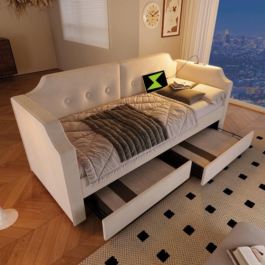 Pugsdrly Bekleed bed slaapbank 90x200 cm met USB-type-C-leeslampje slaapbank dagbed met 2 opberglades kinderbed jeugdbed bedframe met houten lattenbodem fluweel beige (zonder matras)