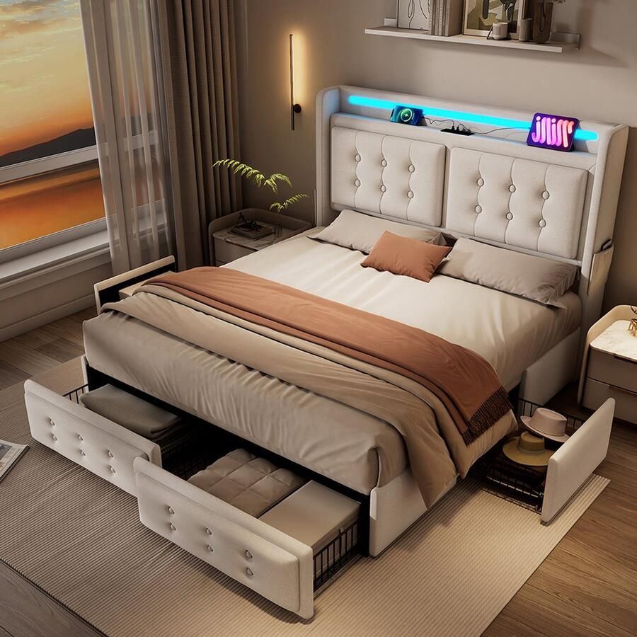 Pugsdrly Gestoffeerd bed 140x200 tweepersoonsbed met led-hoofdeinde en USB C-oplaadfunctie en 4 lades opbergbedden met lattenbodem van hout en metalen frame draagvermogen 300 kg beige katoen (zonder matras)