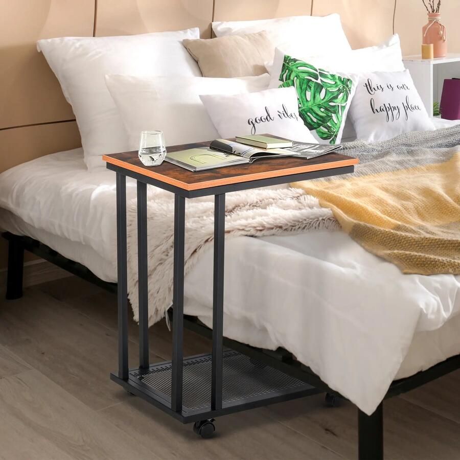 Pugsdrly bijzettafel C-vorm rolwagen serveerwagen laptoptabel salontafel bijzettafel nachtkastje bedtafel met metalen frame industrieel design nachtkastje zwart + walnoot gemarmerd 51 x 36 x 65 cm