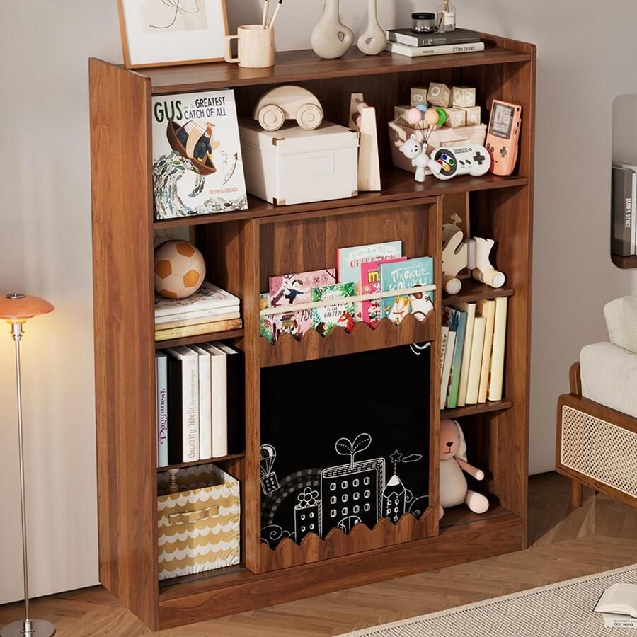 Pugsdrly Boekenkast met bord schuifdeuren en opbergruimte voor prentenboeken open plank met 9 vakken en veel opbergruimte 120 x 38 5 x 151 5 cm kleur notenhout