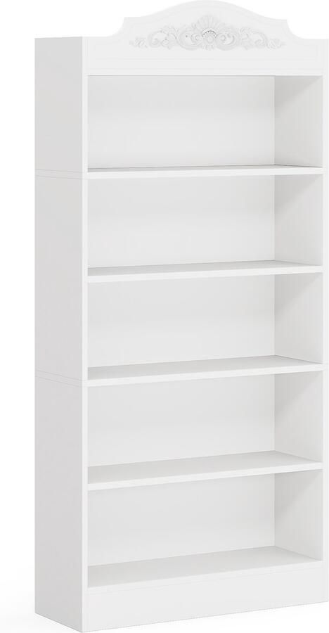 Pugsdrly Boekenkast met gewelfd dak van 190 cm hoog staande boekenkast met 5 verdiepingen en opbergplanken grote open boekenkasten in wit houten displayrekken voor slaapkamer woonkamer thuiskantoor 1 pc