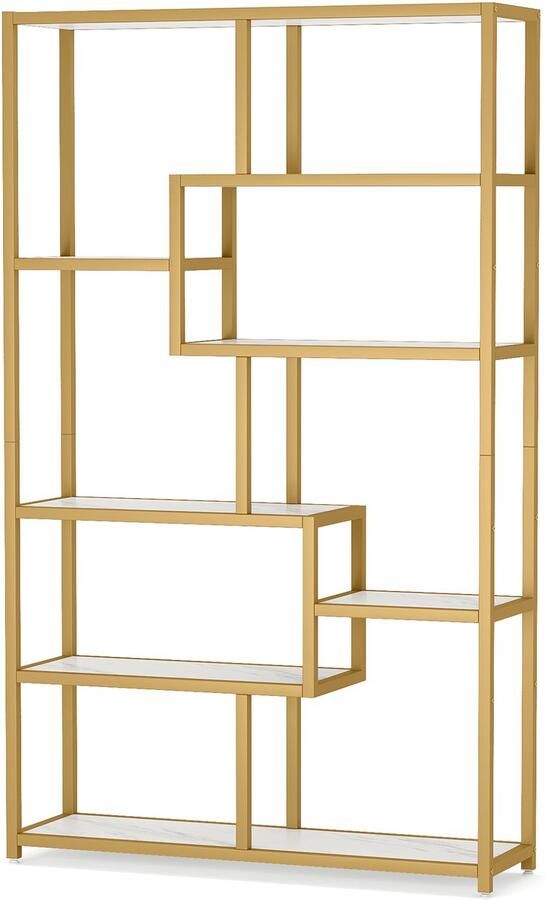 Pugsdrly Boekenrek bureauplank van 180 cm met 8 open planken plank met metalen frame moderne gouden plank voor woonkamer kantoor bureau wit + goud