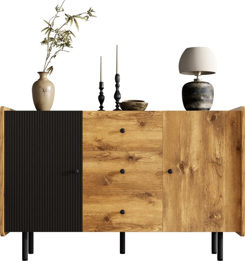 Ulife 120 cm zwart en houtkleurig dressoir – moderne stijl twee deuren en drie lades - Foto 2