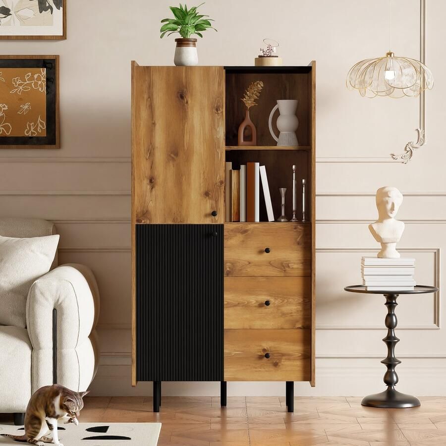 Pugsdrly Buffetkast 160 cm hoog moderne buffetkast met twee deuren drie lades en open planken