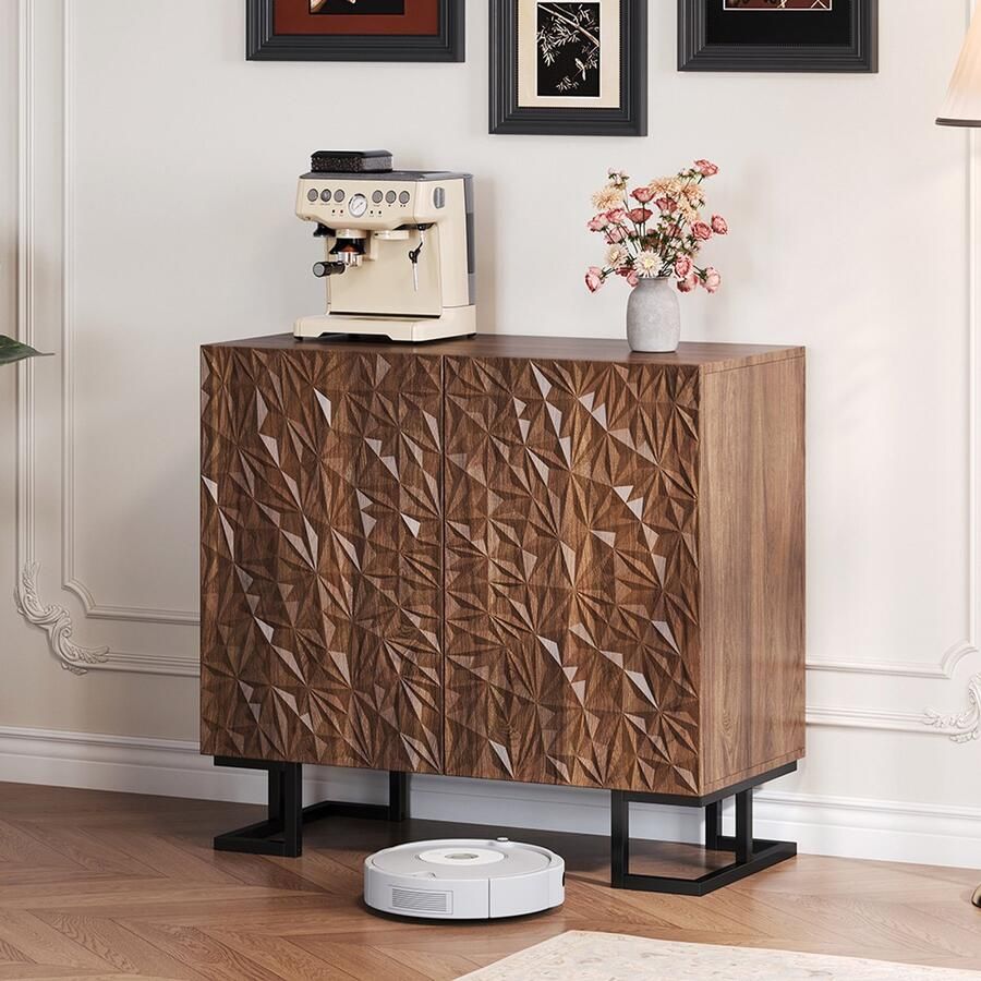 Pugsdrly Buffetkast 80 × 40 × 78 cm – Serie “Blattpoesie” – Donkere notenhouten look met bladerenreliëf – Deuren met druksluiting metalen poten – Modern design voor de woonkamer en gang