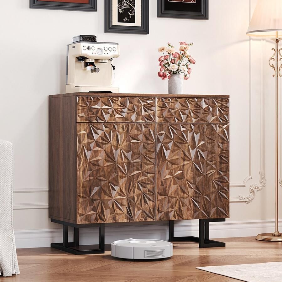 Pugsdrly Buffetkast 80×40×78 cm – Serie “Blattpoesie” – Donkere notenhouten look met bladerenreliëf – Metalen poten 2 lades en 2 deuren – Buffetkast zonder handgrepen voor de woonkamer en eetkamer