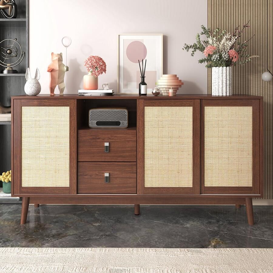 Pugsdrly Buffetkast met 3 schuifdeuren van echt rotan en 2 lades 155x38x80 cm ademend stabiel en veelzijdig