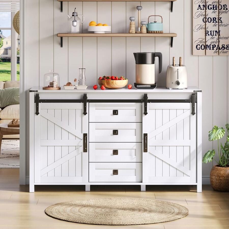 Pugsdrly Buffetkast met opbergruimte 137 cm brede zijkast met schuifdeuren en 4 lades vintage buffetkast geschikt voor de keuken eetkamer en woonkamer wit