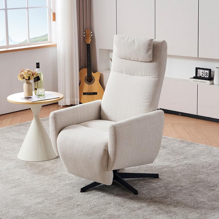 Pugsdrly Comfortabele relaxfauteuil met verstelbare rugleuning – TV-fauteuil in chenille met voetensteun draaibare fauteuil en loungestoel voor in de woonkamer moderne bank beige