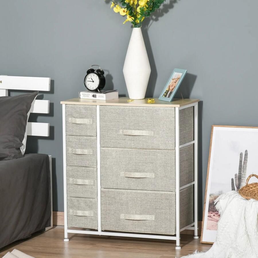 Pugsdrly Commode dressoir 7 opvouwbare stoffen lades metalen frame 63.5 x 30 x 71 cm lichtgrijs