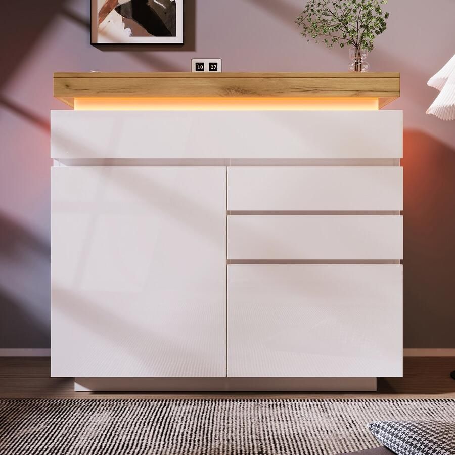 Pugsdrly Commode hoogglans dressoir met 2 deuren en 3 lades led-verlichting (app-bediening) multifunctionele kast voor woonkamer en slaapkamer 115 x 110 x 39 cm wit