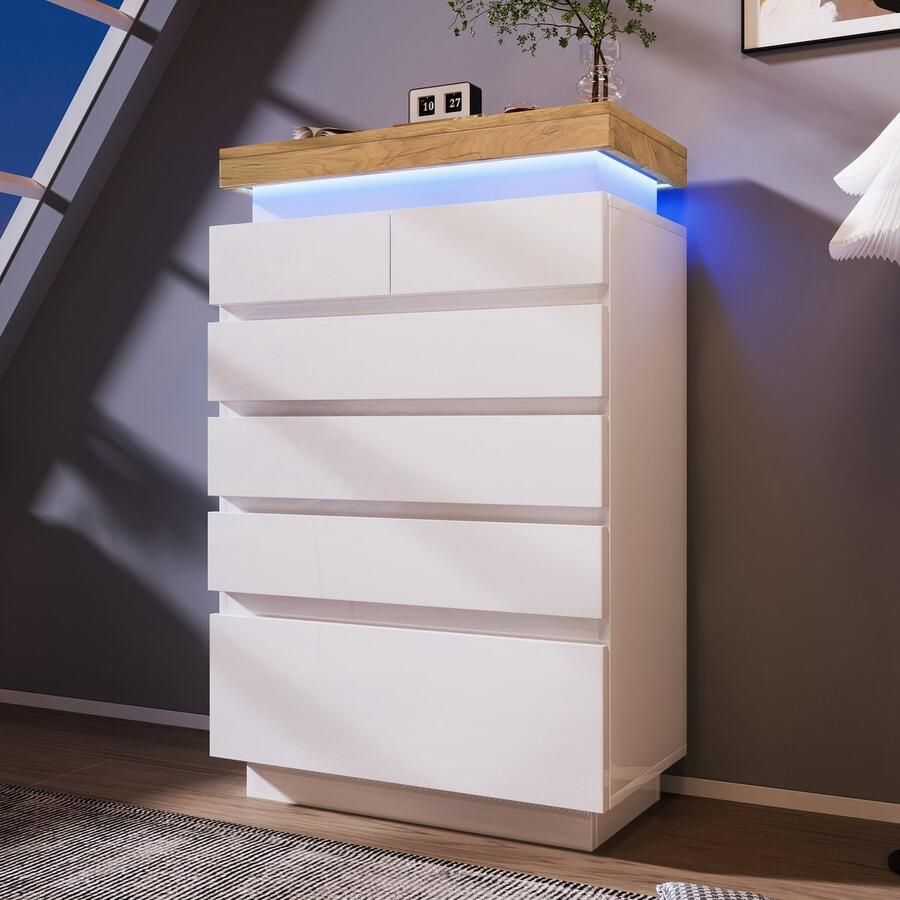 Pugsdrly Commode hoogglans dressoir met 6 lades ledverlichting (app-bediening) multifunctionele kast voor woonkamer en slaapkamer 115 x 73 x 39 cm wit
