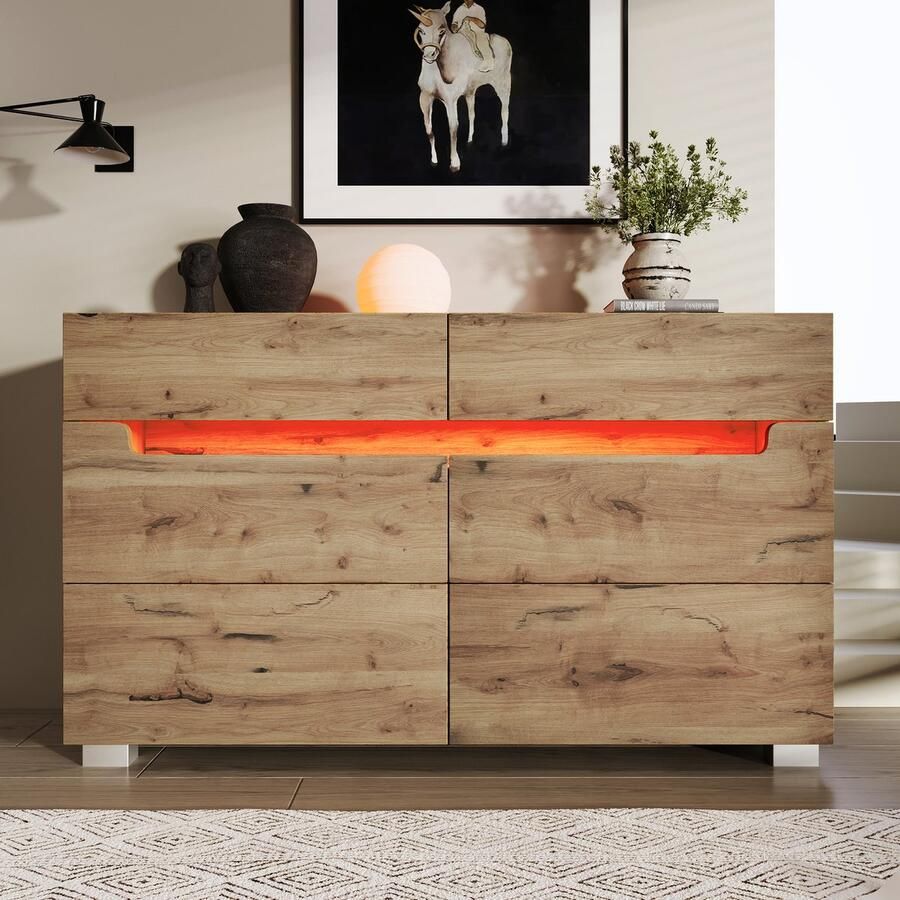 Pugsdrly commode houten dressoir met 6 lades ledverlichting app bediening multifunctionele kast voor woonkamer en slaapkamer afmetingen 71 cm x 120 cm x 40 cm eikenhout