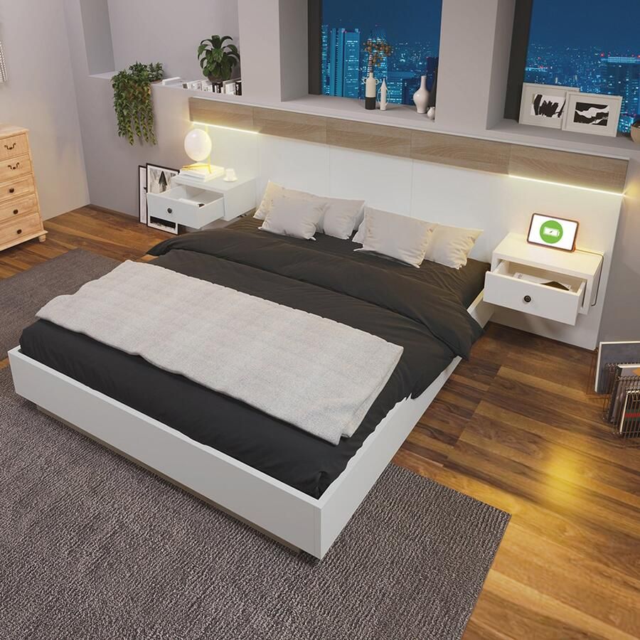 Pugsdrly Complete set voor tweepersoonsbed 140x200 cm met 2 LED- en USB-C-nachtkastjes + bank 145x38 cm met hydraulische opbergruimte bed in Sonoma-eiken wit + bank in beige corduroy-look (zonder matras)