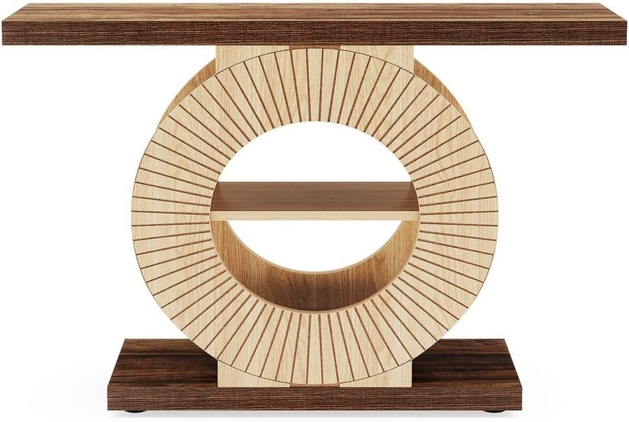 Pugsdrly Console met opbergruimte houten haltafel voor de woonkamer salontafel 100 cm Kleine bijzettafel voor de gang met planken en ronde voet