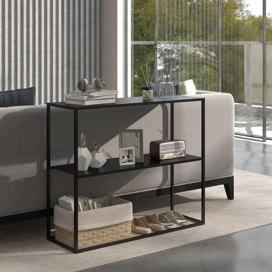 Pugsdrly Consoletafel dressoir 2 niveaus gepoedercoat staal 90 x 30 x 75 cm zwart